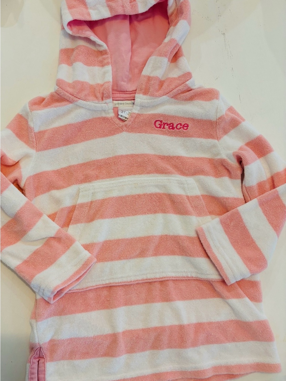 Striped Pink & White Hooded beach coverup Personalized 'Grace' Embroidery 2t-3t